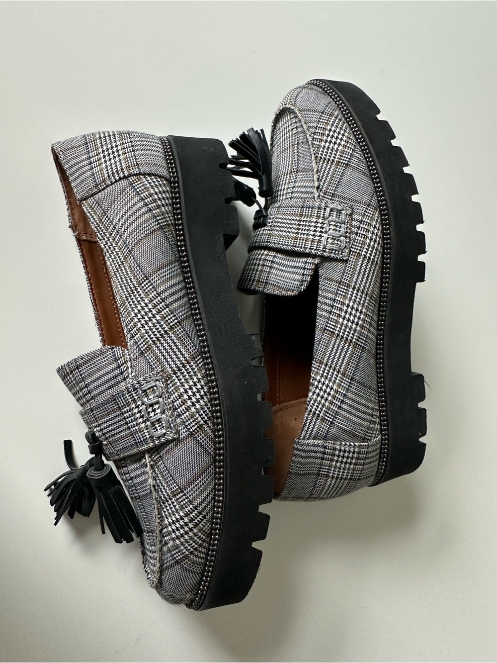 Franco Sarto Black and White Plaid Tassel Loafers Size 6.5 - Picture 5 of 14